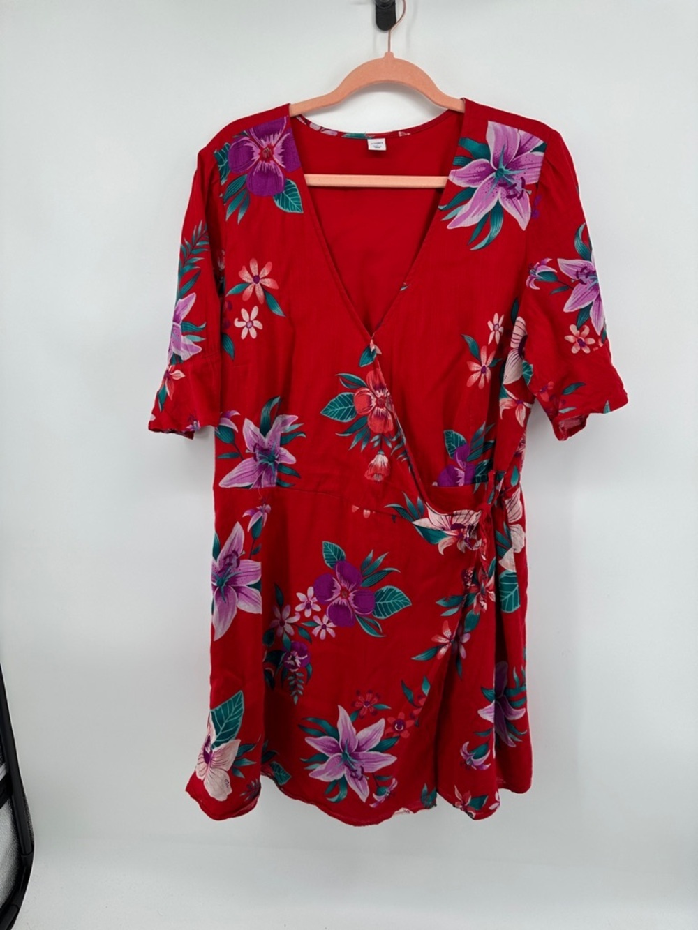 Old Navy Cottagecore Tropical Boho Euro Summer Beach Floral Red Wrap Dress SzXL